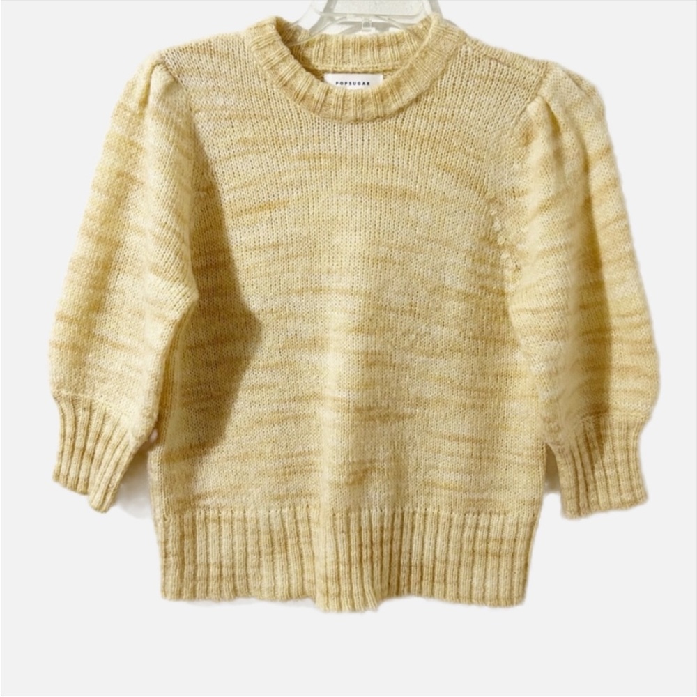 POPSUGAR Butter Yellow Three-Quarter Puff Sleeves Knit Pullover Sweater Medium